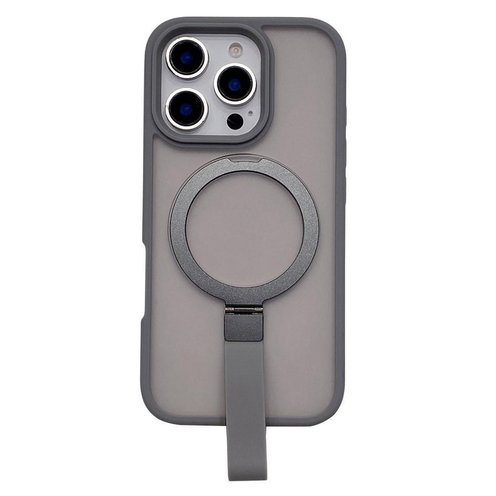 For iPhone 16 Pro Case TPU PC Phone Back Cover with Integrated Lanyard Metal Kickstand - Titanium Grey