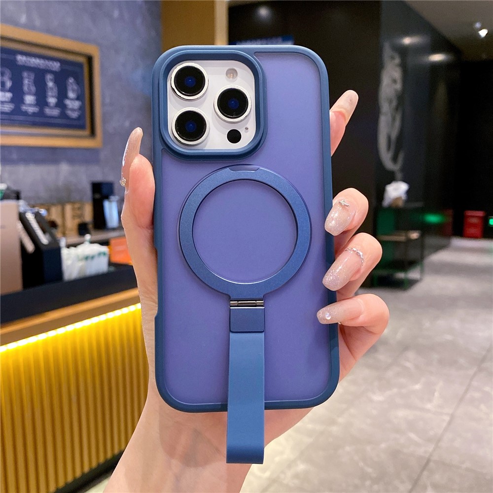 For iPhone 16 Pro Case TPU PC Phone Back Cover with Integrated Lanyard Metal Kickstand - Sapphire