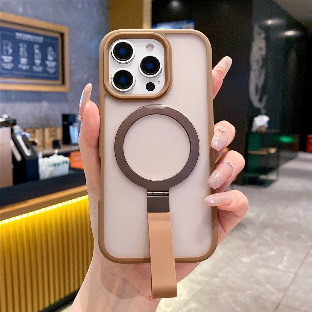 For iPhone 16 Pro Case TPU PC Phone Back Cover with Integrated Lanyard Metal Kickstand - Desert Gold