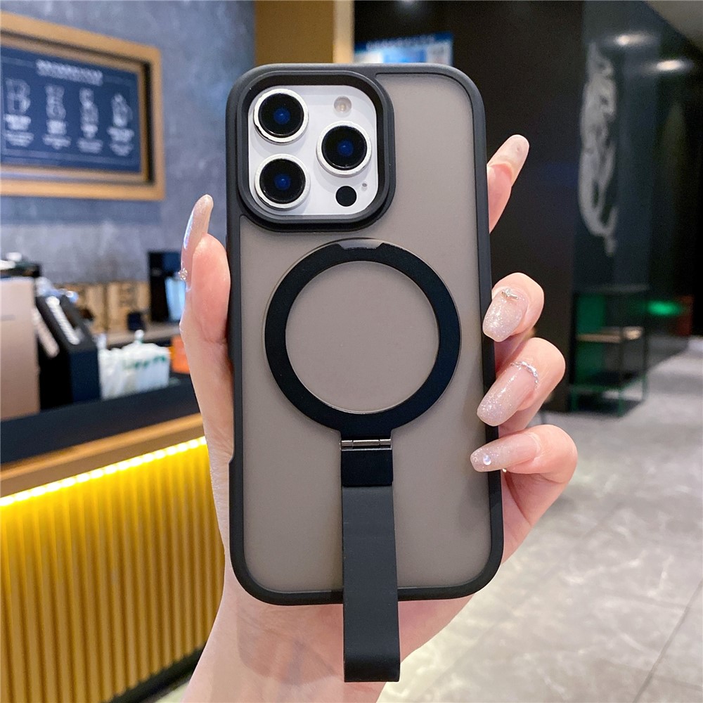 For iPhone 16 Pro Case TPU PC Phone Back Cover with Integrated Lanyard Metal Kickstand - Black