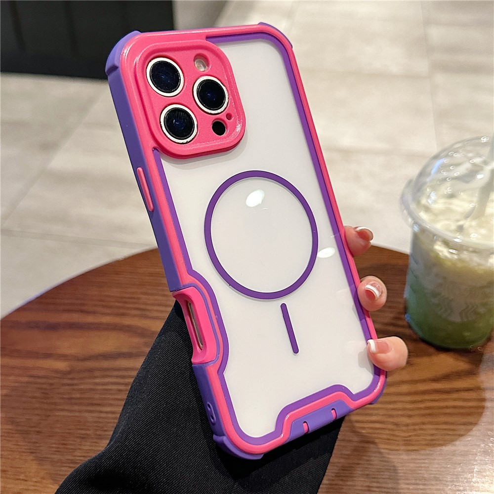 For iPhone 16 Pro Magnetic Case Detachable 4 in 1 TPU PC Acrylic Shockproof Phone Back Cover - Blue Purple + Rose