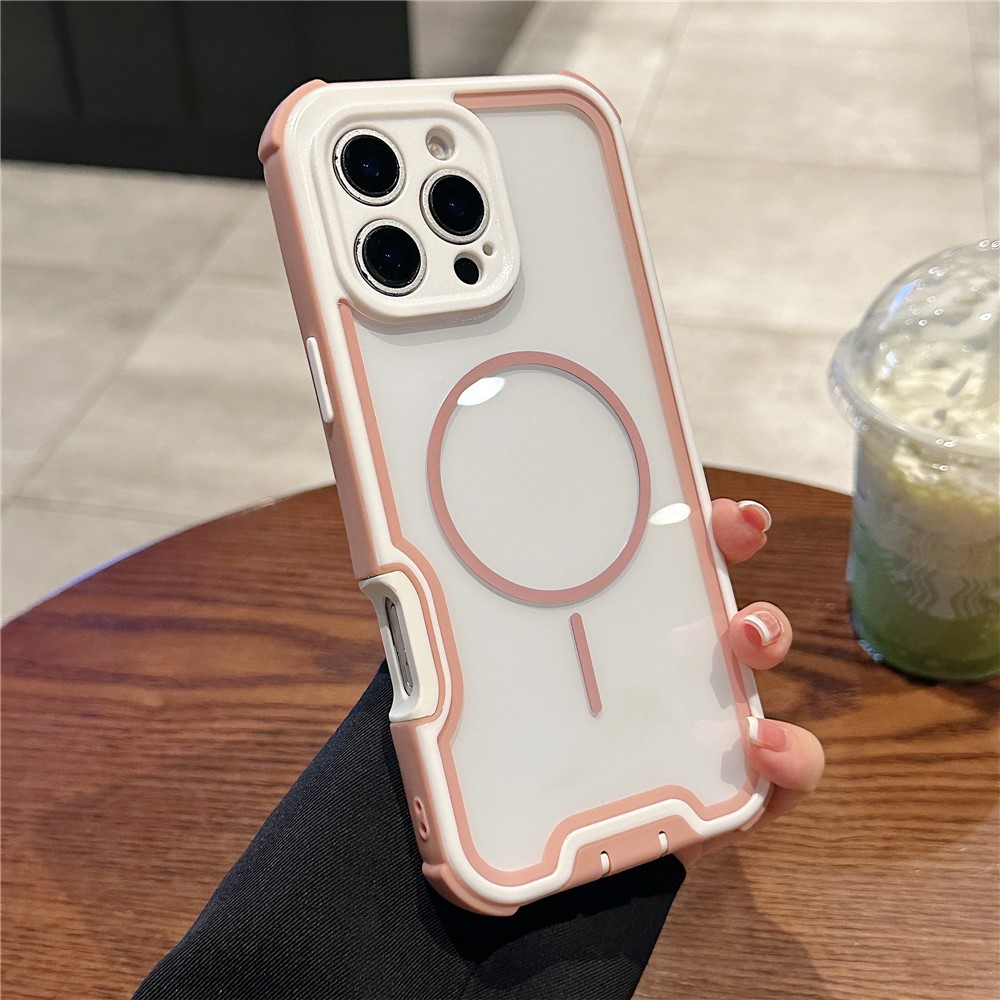 For iPhone 16 Pro Max Magnetic Case Detachable 4 in 1 TPU PC Acrylic Shockproof Phone Back Cover - Rose Gold + White