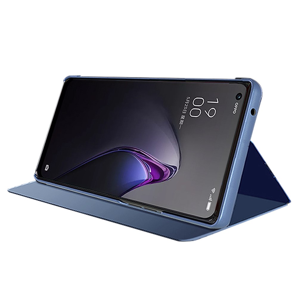 For Oppo Reno8 5G (Global Version) Scratch-proof PU Leather Mirror Flip Electroplating Cover Clear View Window Stand Phone Case - Blue-2