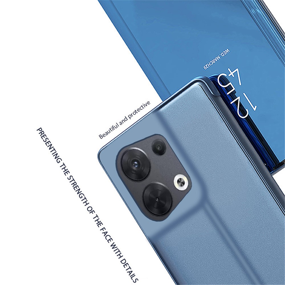 For Oppo Reno8 5G (Global Version) Scratch-proof PU Leather Mirror Flip Electroplating Cover Clear View Window Stand Phone Case - Blue-6