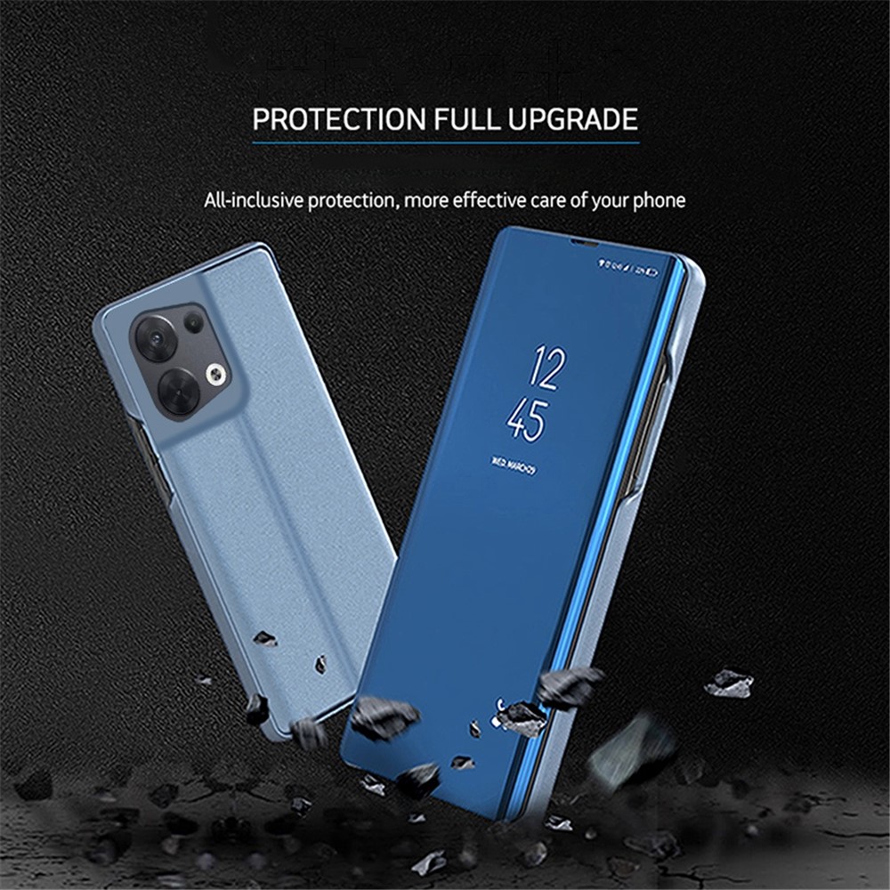 For Oppo Reno8 5G (Global Version) Scratch-proof PU Leather Mirror Flip Electroplating Cover Clear View Window Stand Phone Case - Blue-8