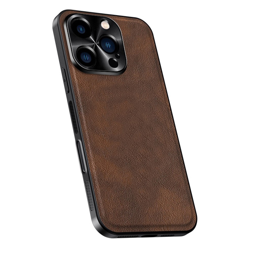 For iPhone 16 Pro Max Case PU + TPU + PC Phone Back Cover with Metal Lens Frame - Brown