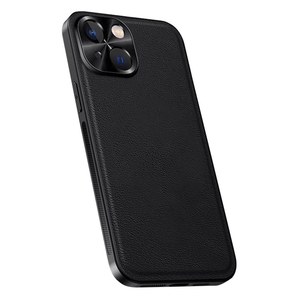 For iPhone 15 Case PU + TPU + PC Phone Back Cover with Metal Lens Frame - Black
