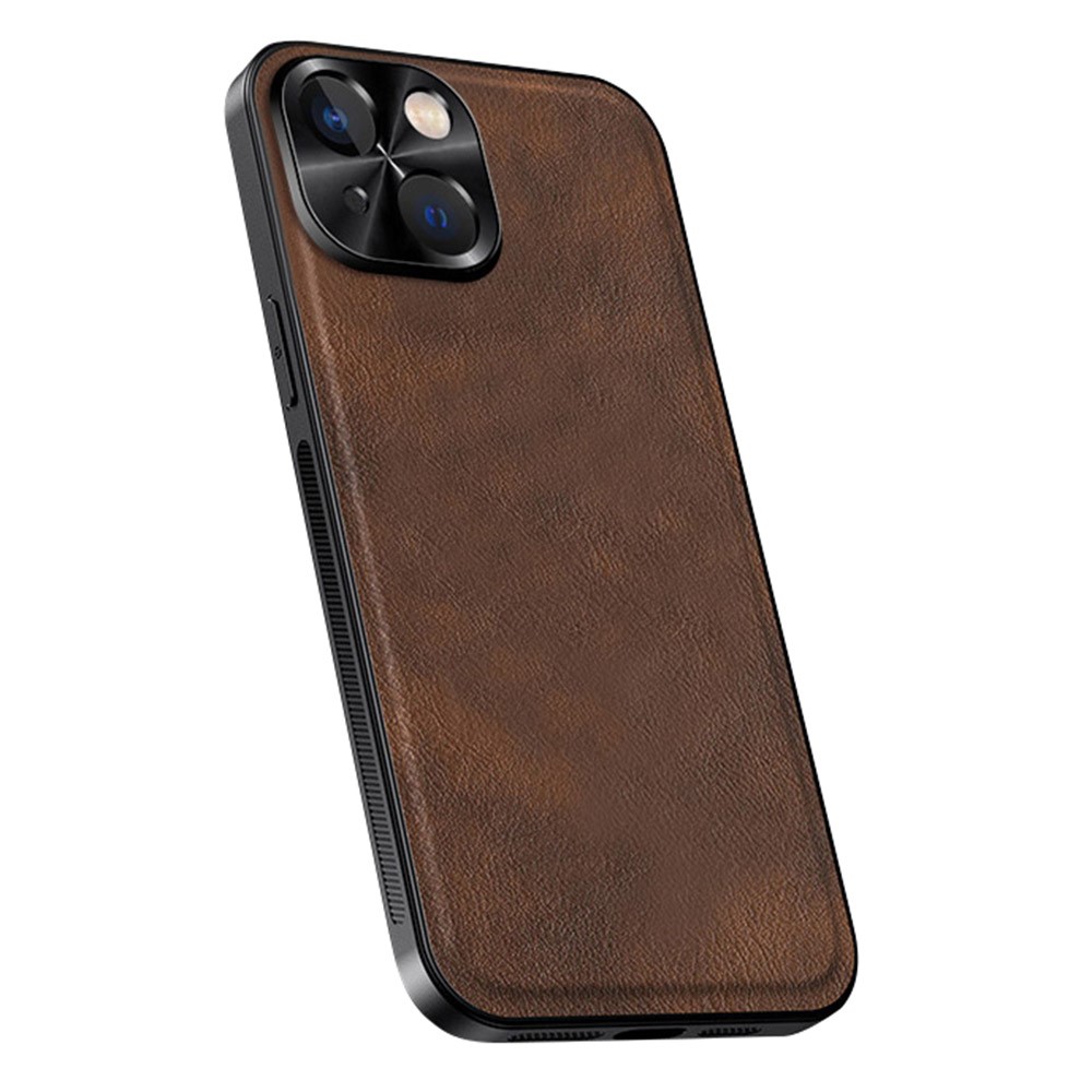 For iPhone 15 Case PU + TPU + PC Phone Back Cover with Metal Lens Frame - Brown