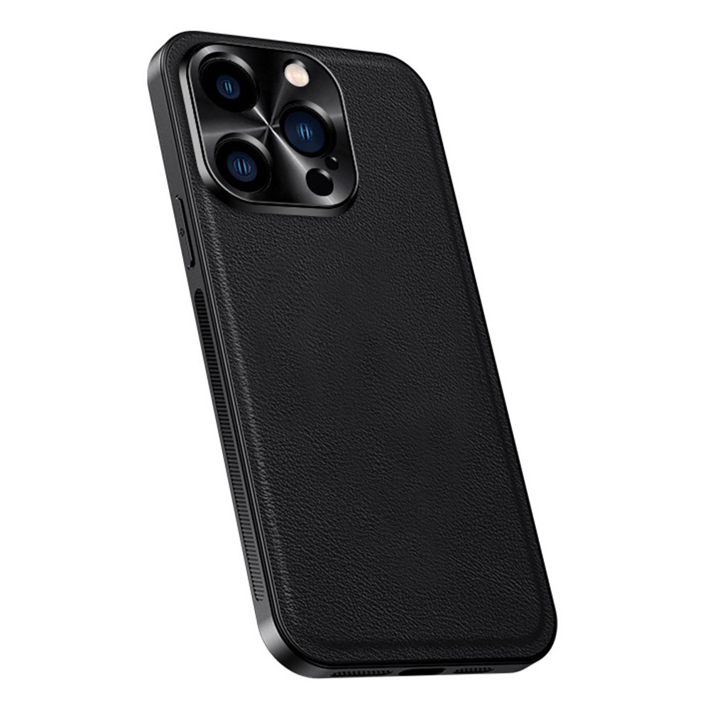 For iPhone 15 Pro Max Case PU + TPU + PC Phone Back Cover with Metal Lens Frame - Black