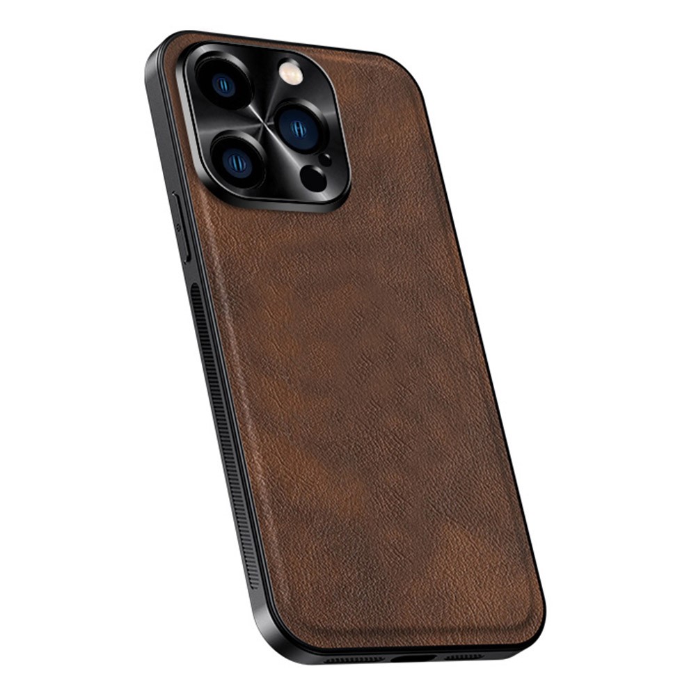 For iPhone 15 Pro Max Case PU + TPU + PC Phone Back Cover with Metal Lens Frame - Brown