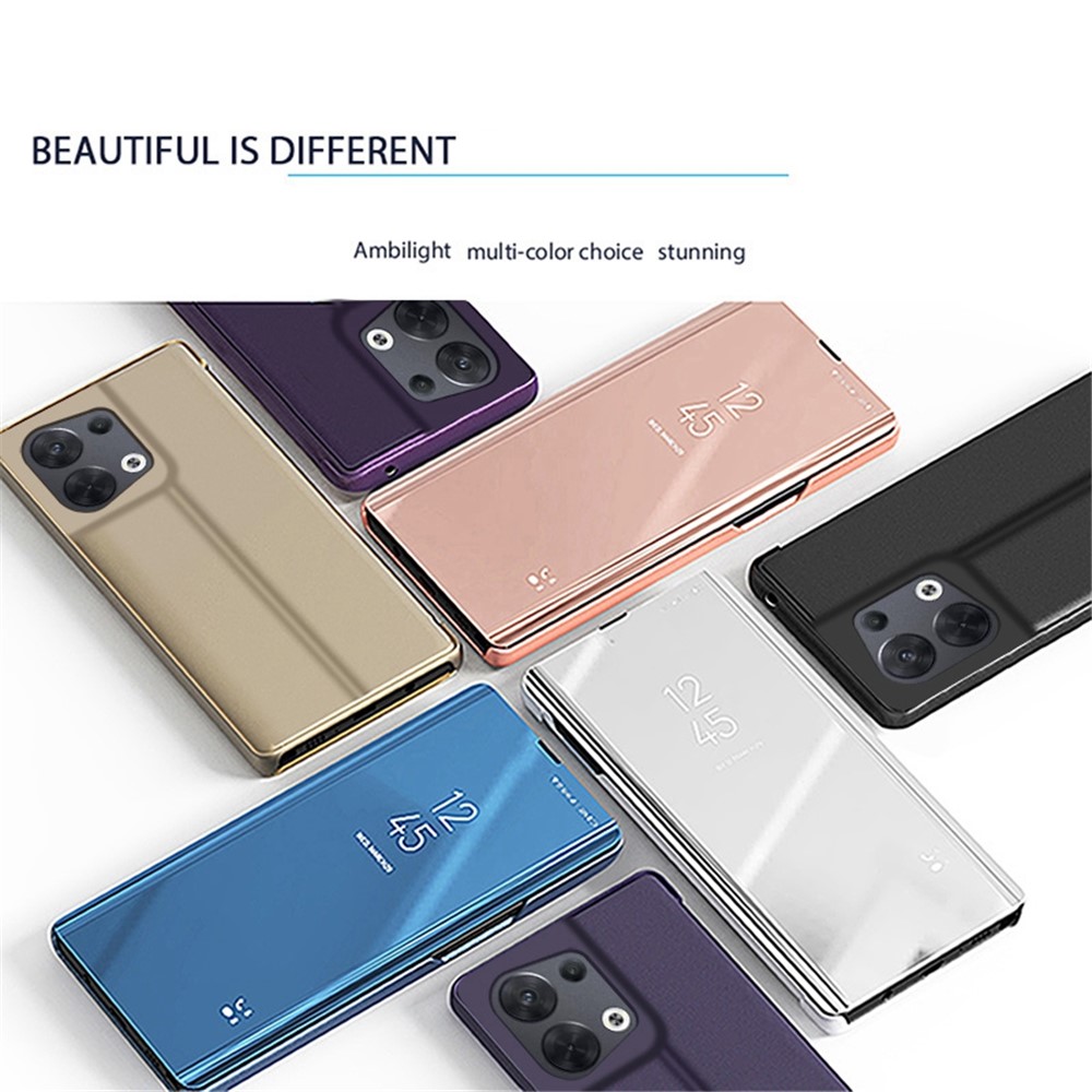 For Oppo Reno8 Pro+ 5G (Global Version) / Reno8 Pro 5G (Global Version) PU Leather Mirror Flip Electroplating Cover Clear View Window Hands-free Stand Phone Case - Blue-4
