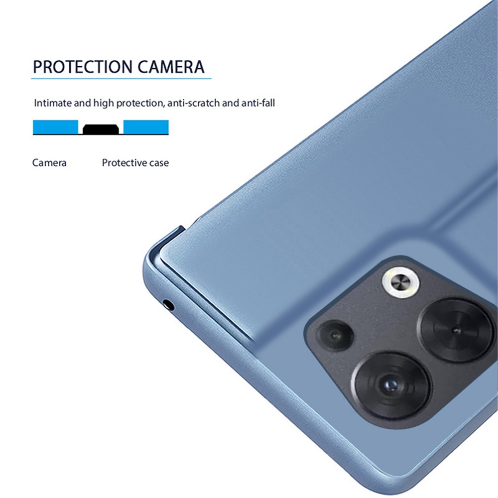 For Oppo Reno8 Pro+ 5G (Global Version) / Reno8 Pro 5G (Global Version) PU Leather Mirror Flip Electroplating Cover Clear View Window Hands-free Stand Phone Case - Blue-7