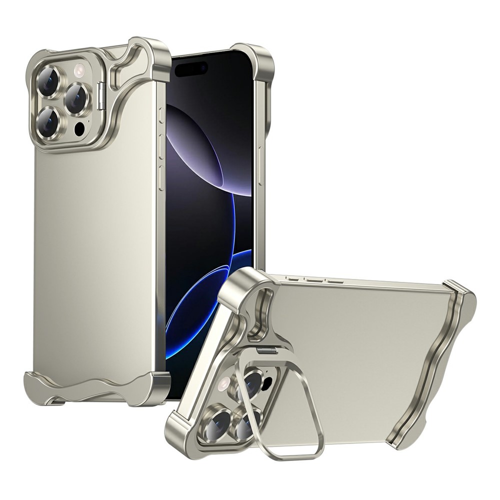 For iPhone 15 Pro Max Bumper Case Lens Kickstand Heat Dissipating Metal Corner Phone Cover - Titanium