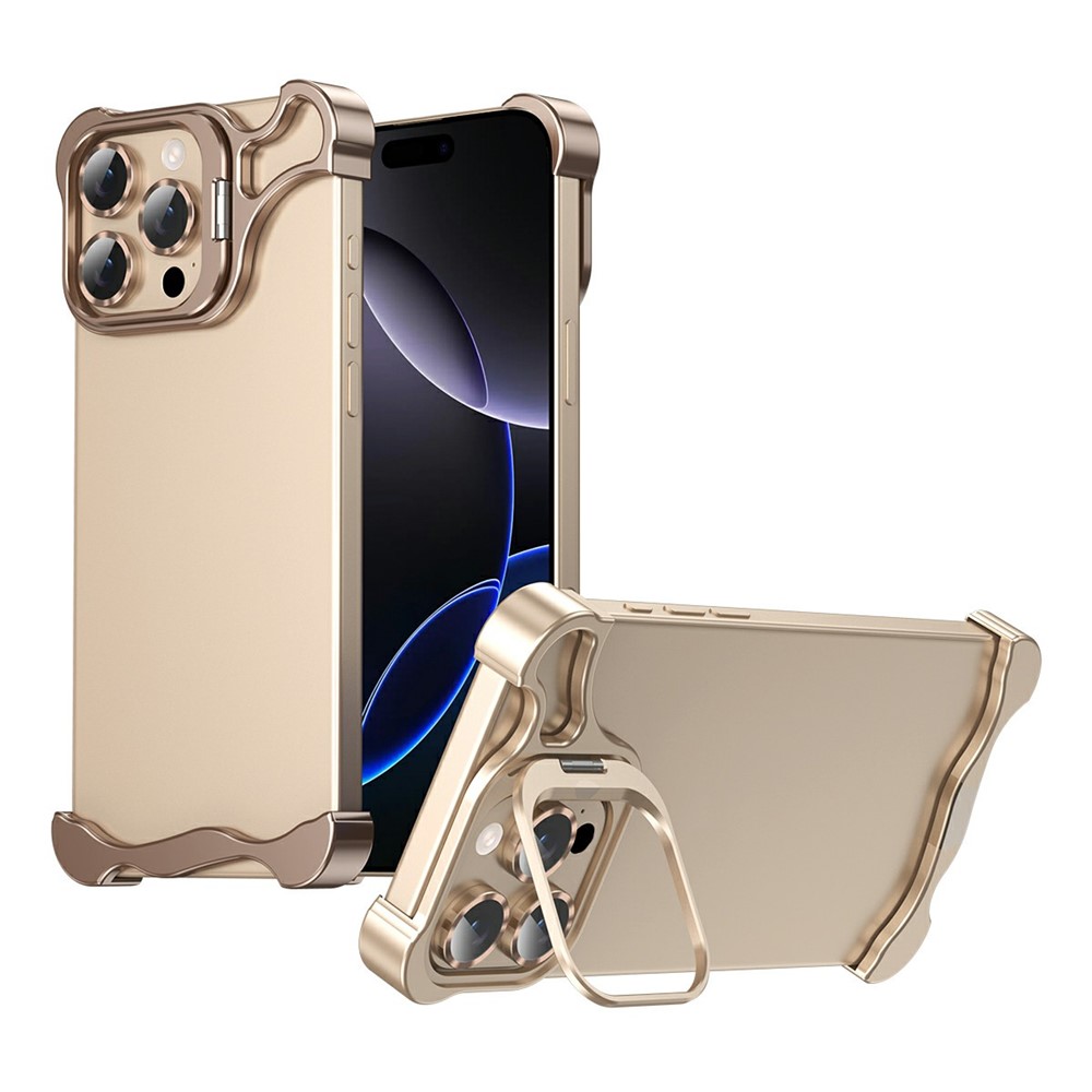 For iPhone 15 Pro Bumper Case Lens Kickstand Heat Dissipating Metal Corner Phone Cover - Desert Gold
