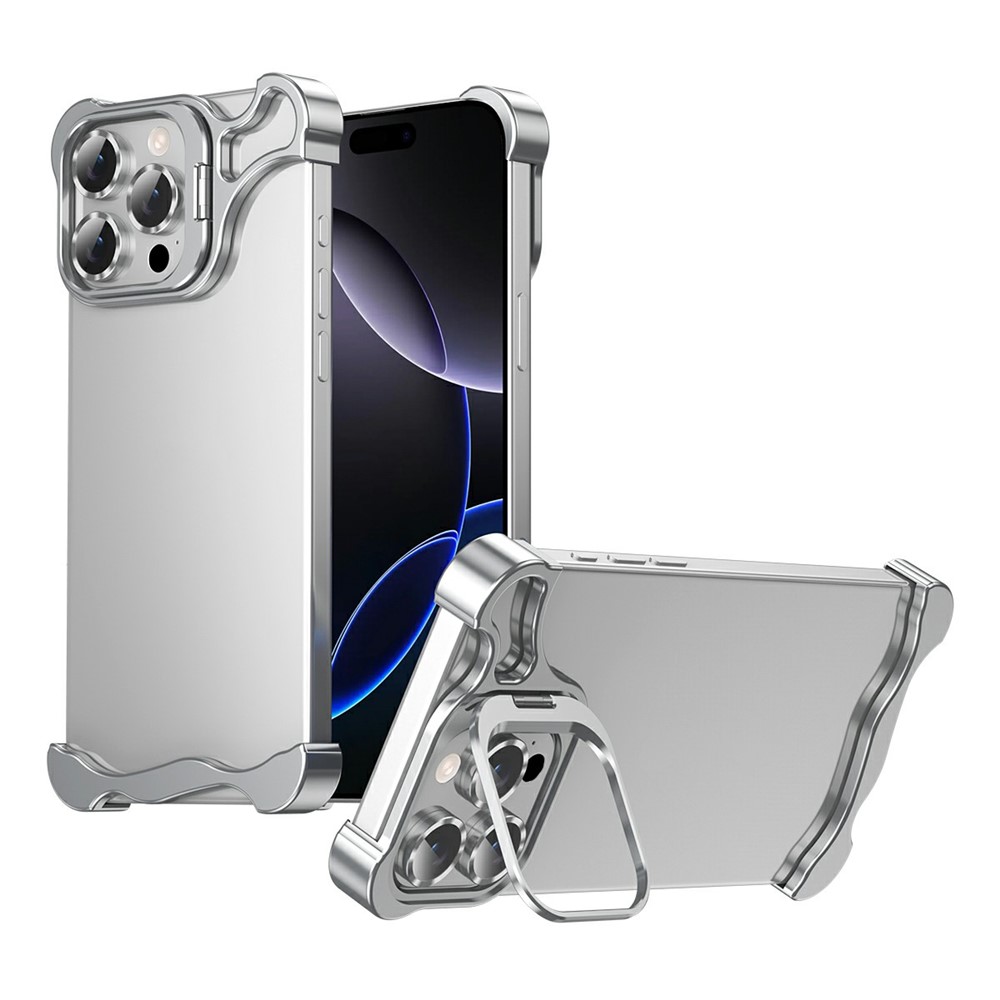 For iPhone 14 Pro Max Bumper Case Lens Kickstand Heat Dissipating Metal Corner Phone Cover - Silver