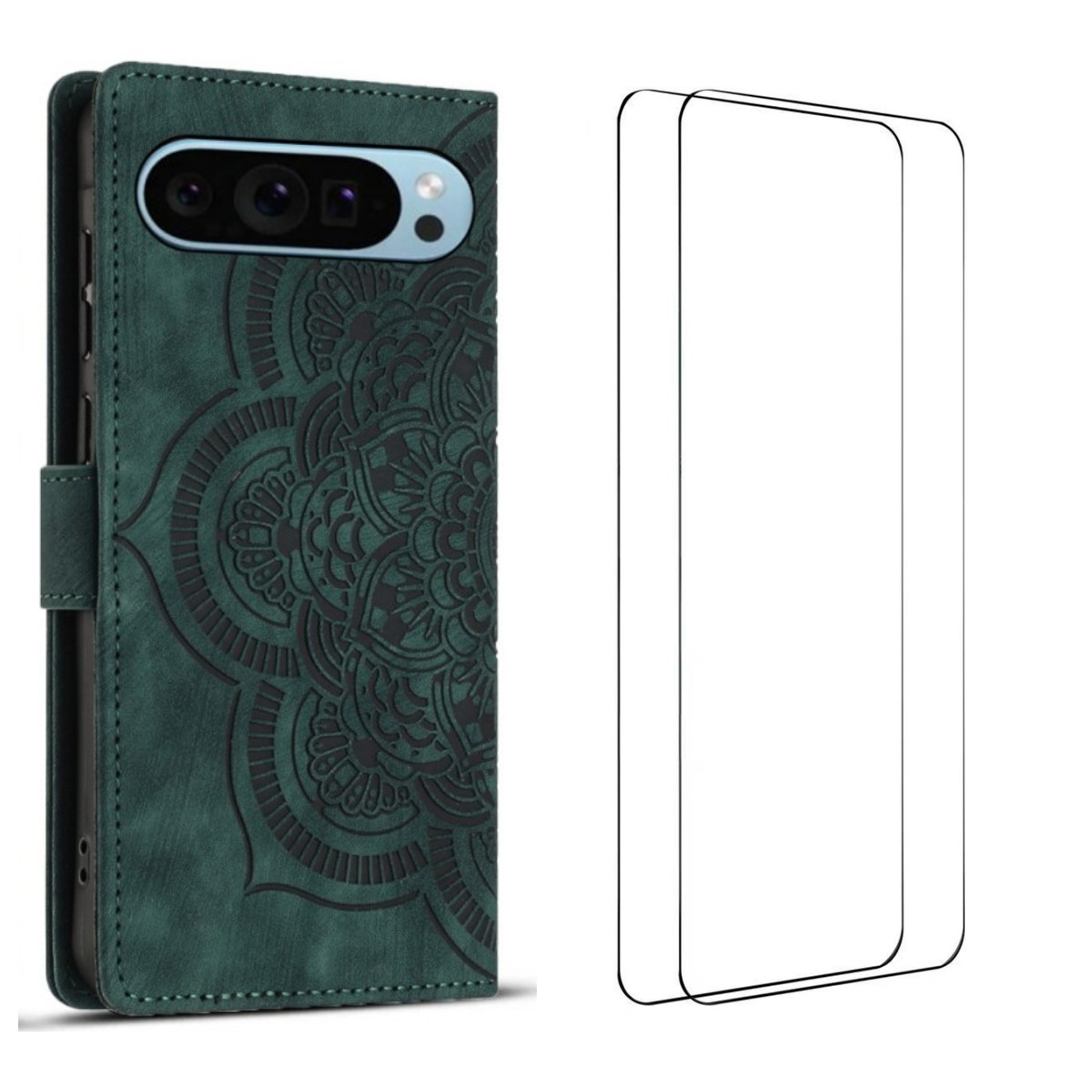 For Google Pixel 9 Case with 2Pcs Tempered Glass WANLONFENG MTL Series Mandala Leather Phone Cover - Midnight Green
