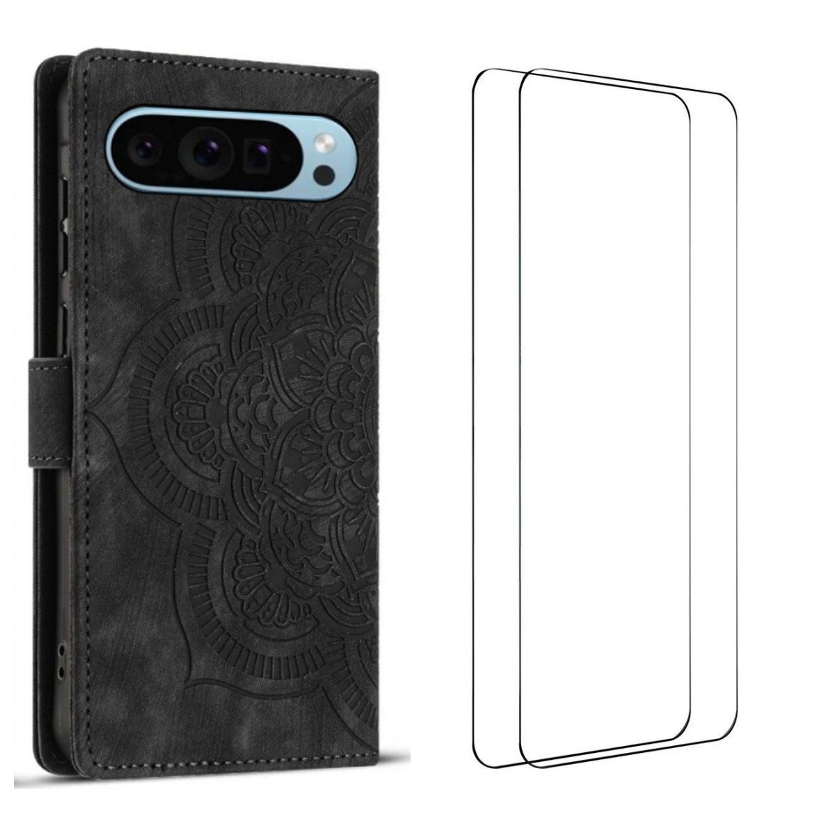 For Google Pixel 9 Case with 2Pcs Tempered Glass WANLONFENG MTL Series Mandala Leather Phone Cover - Black
