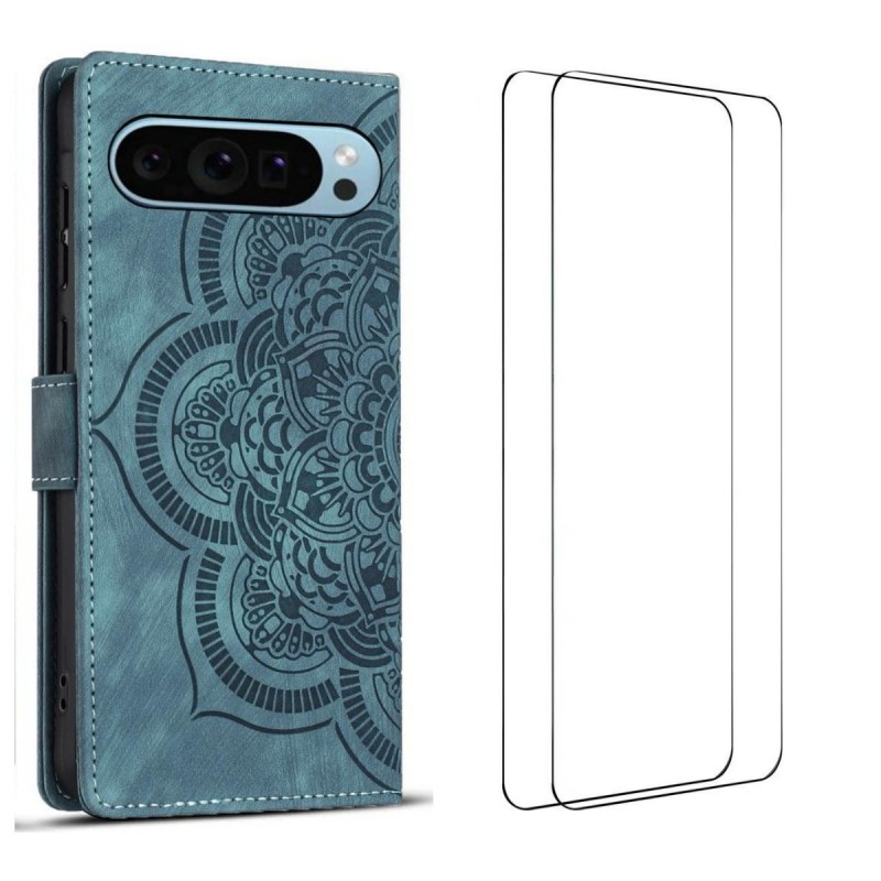For Google Pixel 9 Case with 2Pcs Tempered Glass WANLONFENG MTL Series Mandala Leather Phone Cover - Blue