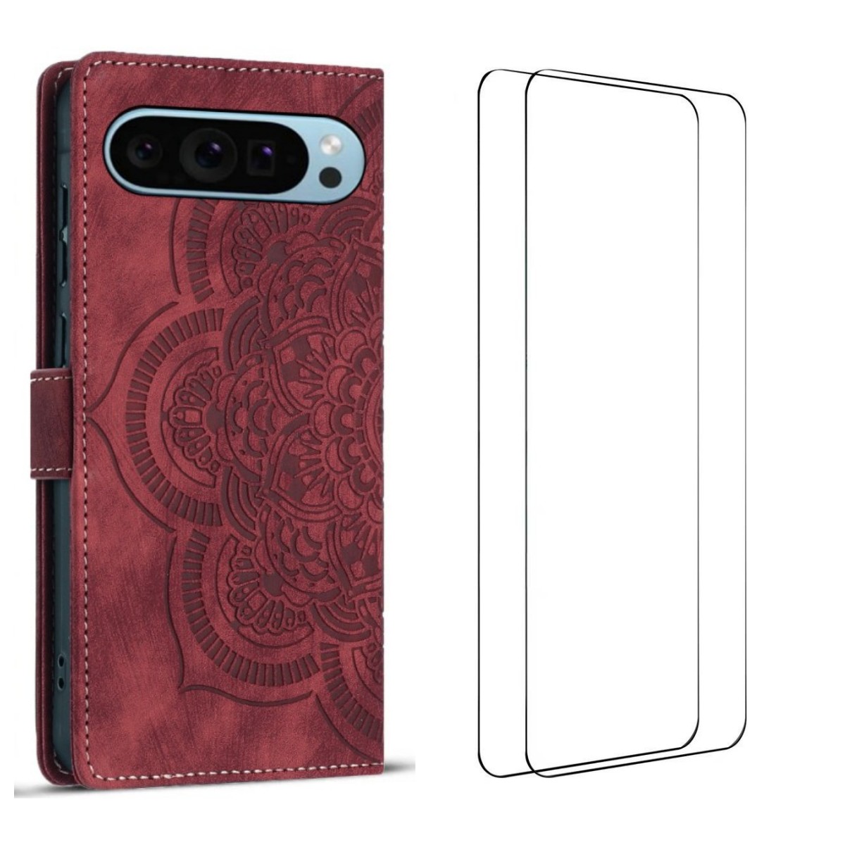 For Google Pixel 9 Pro XL Case with 2Pcs Tempered Glass WANLONFENG MTL Series Mandala Leather Phone Cover - Red
