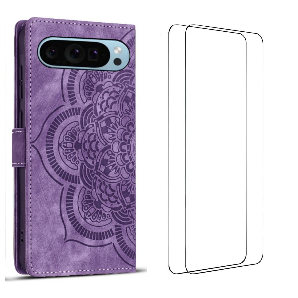 For Google Pixel 9 Pro XL Case with 2Pcs Tempered Glass WANLONFENG MTL Series Mandala Leather Phone Cover - Purple