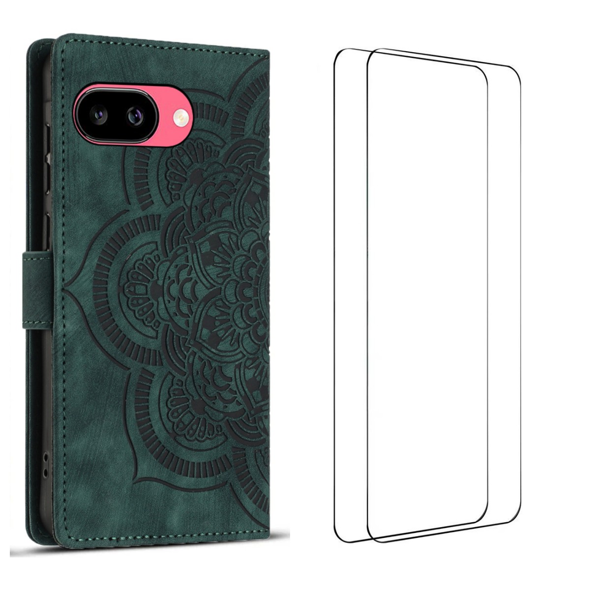 For Google Pixel 9a Case with 2Pcs Tempered Glass WANLONFENG MTL Series Mandala Leather Phone Cover - Midnight Green