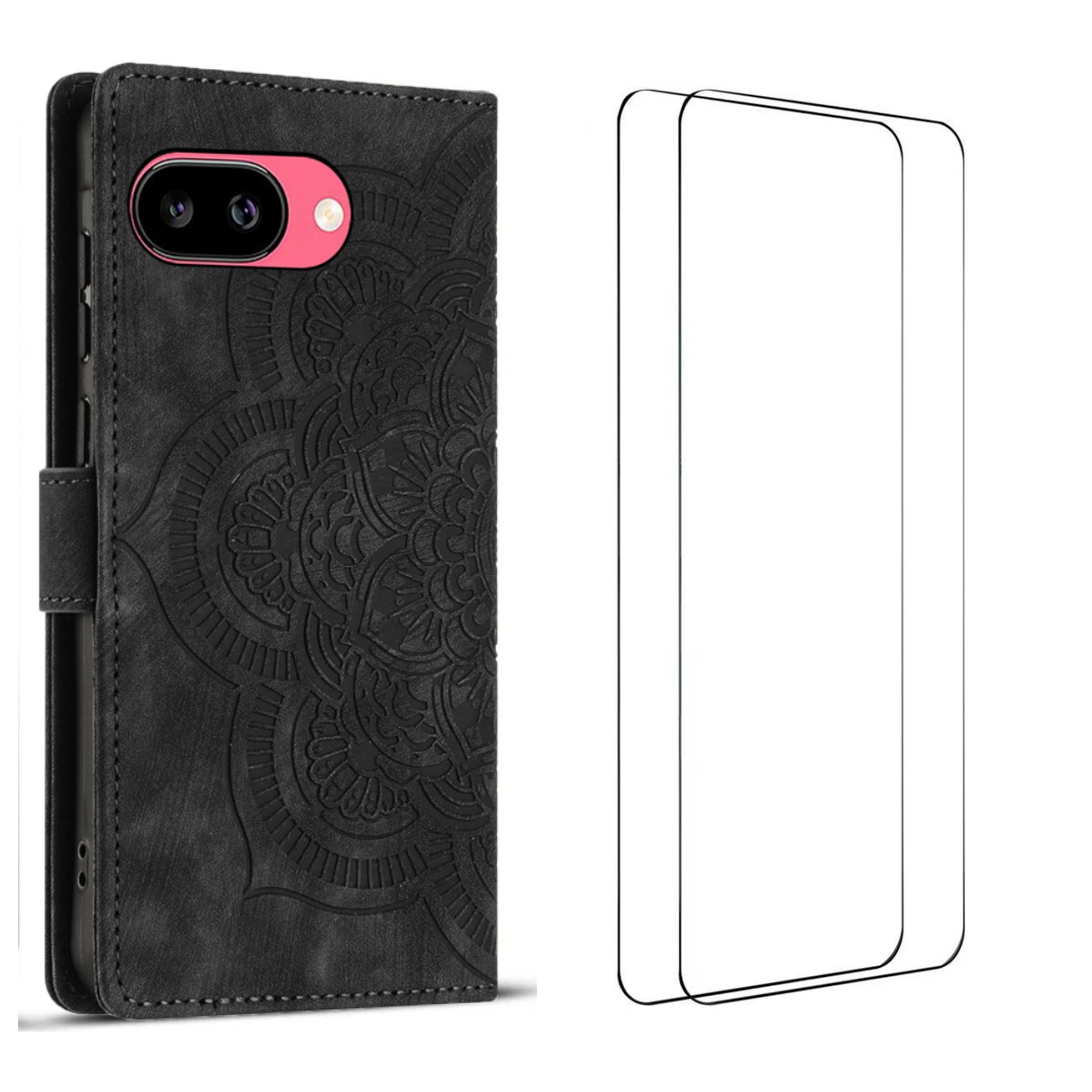 For Google Pixel 9a Case with 2Pcs Tempered Glass WANLONFENG MTL Series Mandala Leather Phone Cover - Black