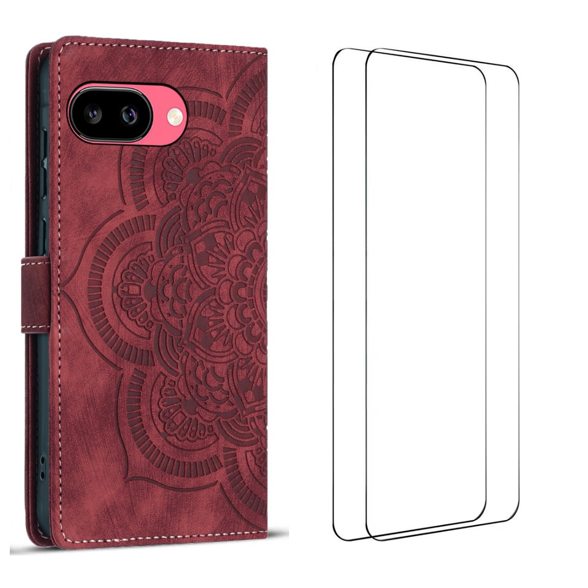 For Google Pixel 9a Case with 2Pcs Tempered Glass WANLONFENG MTL Series Mandala Leather Phone Cover - Red