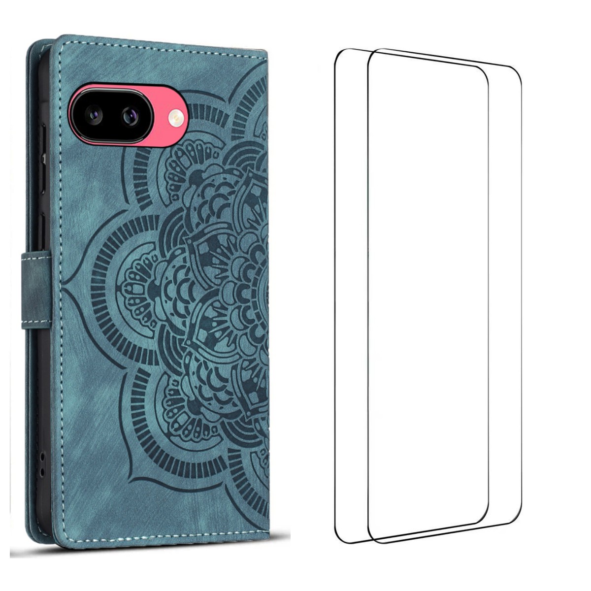 For Google Pixel 9a Case with 2Pcs Tempered Glass WANLONFENG MTL Series Mandala Leather Phone Cover - Blue