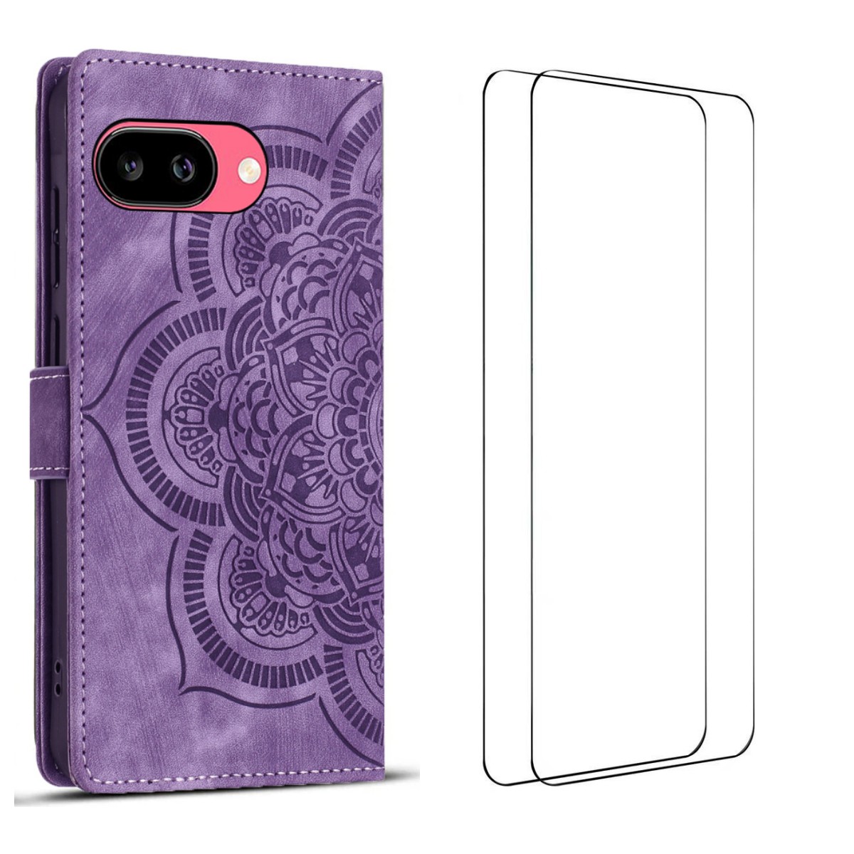 For Google Pixel 9a Case with 2Pcs Tempered Glass WANLONFENG MTL Series Mandala Leather Phone Cover - Purple
