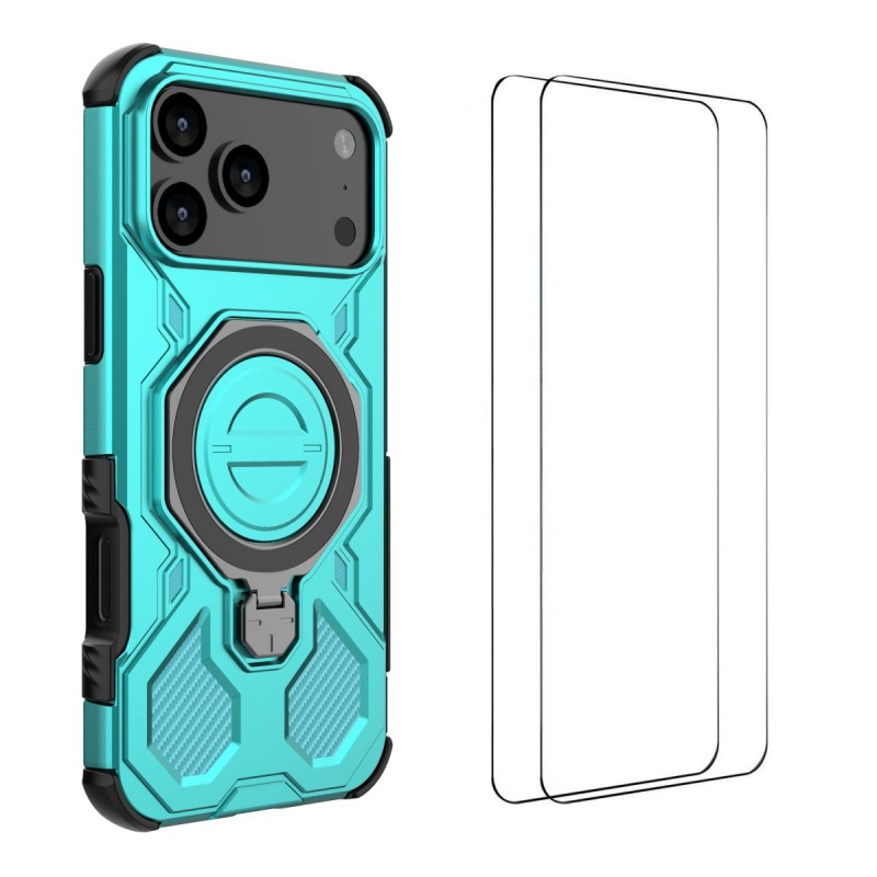 For iPhone 17 Pro Max Case Kickstand with 2Pcs Screen Film WANLONFENG KJ Series PC TPU Phone Cover (Big Lens Hole) - Green