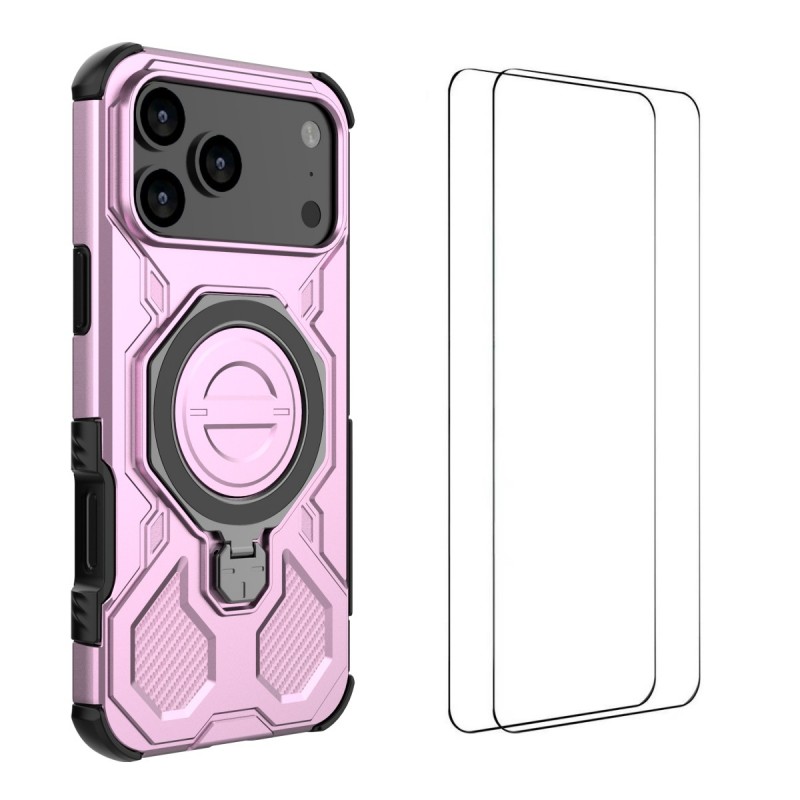 For iPhone 17 Pro Max Case Kickstand with 2Pcs Screen Film WANLONFENG KJ Series PC TPU Phone Cover (Big Lens Hole) - Purple
