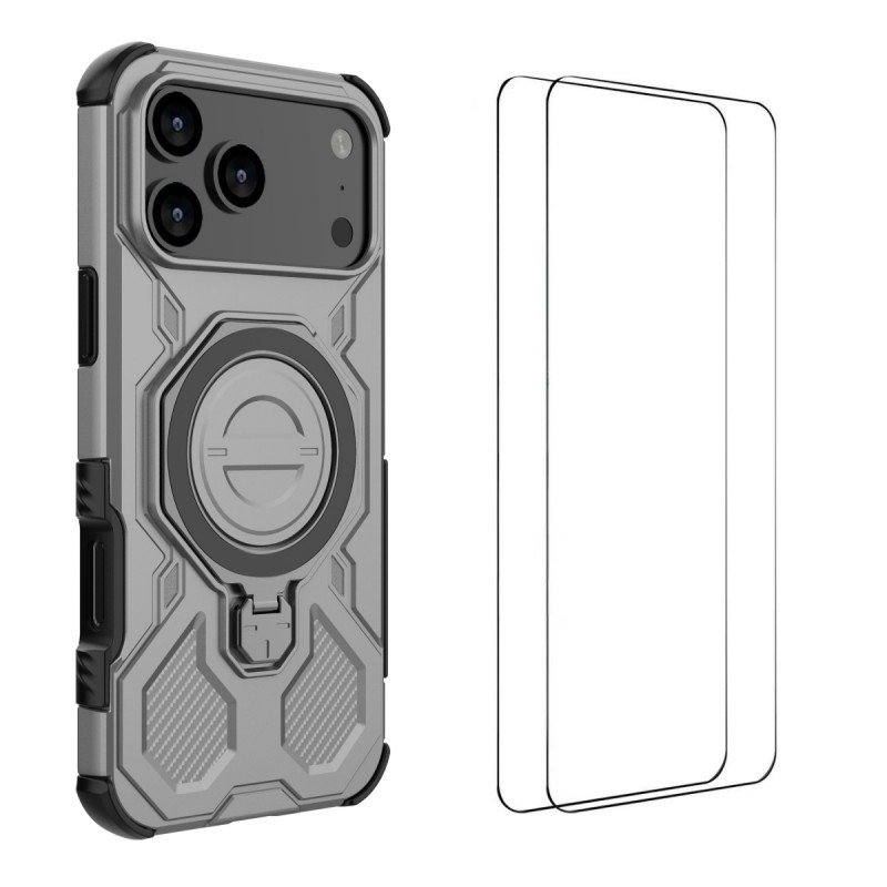 For iPhone 17 Pro Max Case Kickstand with 2Pcs Screen Film WANLONFENG KJ Series PC TPU Phone Cover (Big Lens Hole) - Grey