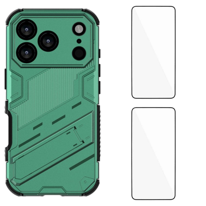For iPhone 17 Pro Max Case with 2Pcs Tempered Glass WANLONFENG KK Series PC TPU Phone Cover Kickstand Precise Cutouts - Green