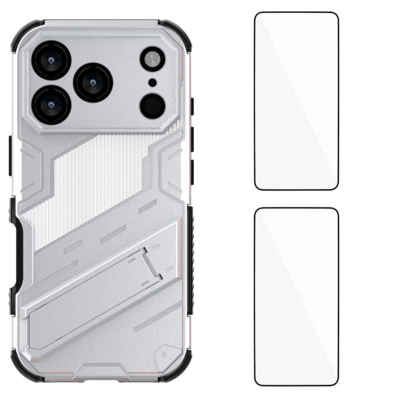 For iPhone 17 Pro Max Case with 2Pcs Tempered Glass WANLONFENG KK Series PC TPU Phone Cover Kickstand Precise Cutouts - Silver