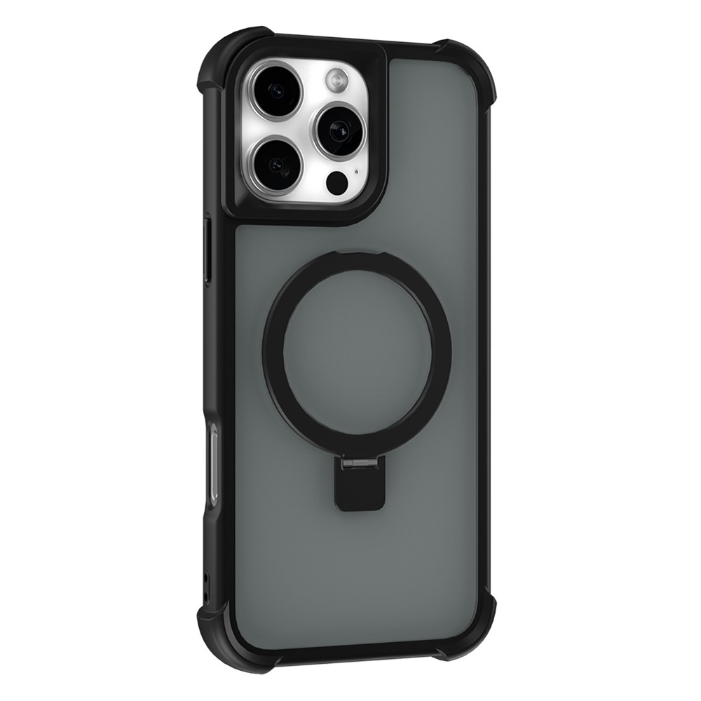 For iPhone 16 Pro Magnetic Case Anti Drop TPU + PC Kickstand Phone Back Cover - Black