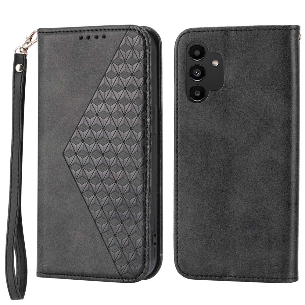 For Samsung Galaxy A32 4G (EU Version) Calf Texture Wallet Stand Anti-drop Phone Case PU Leather Imprinted Rhombus Pattern Smartphone Cover with Strap - Black-1