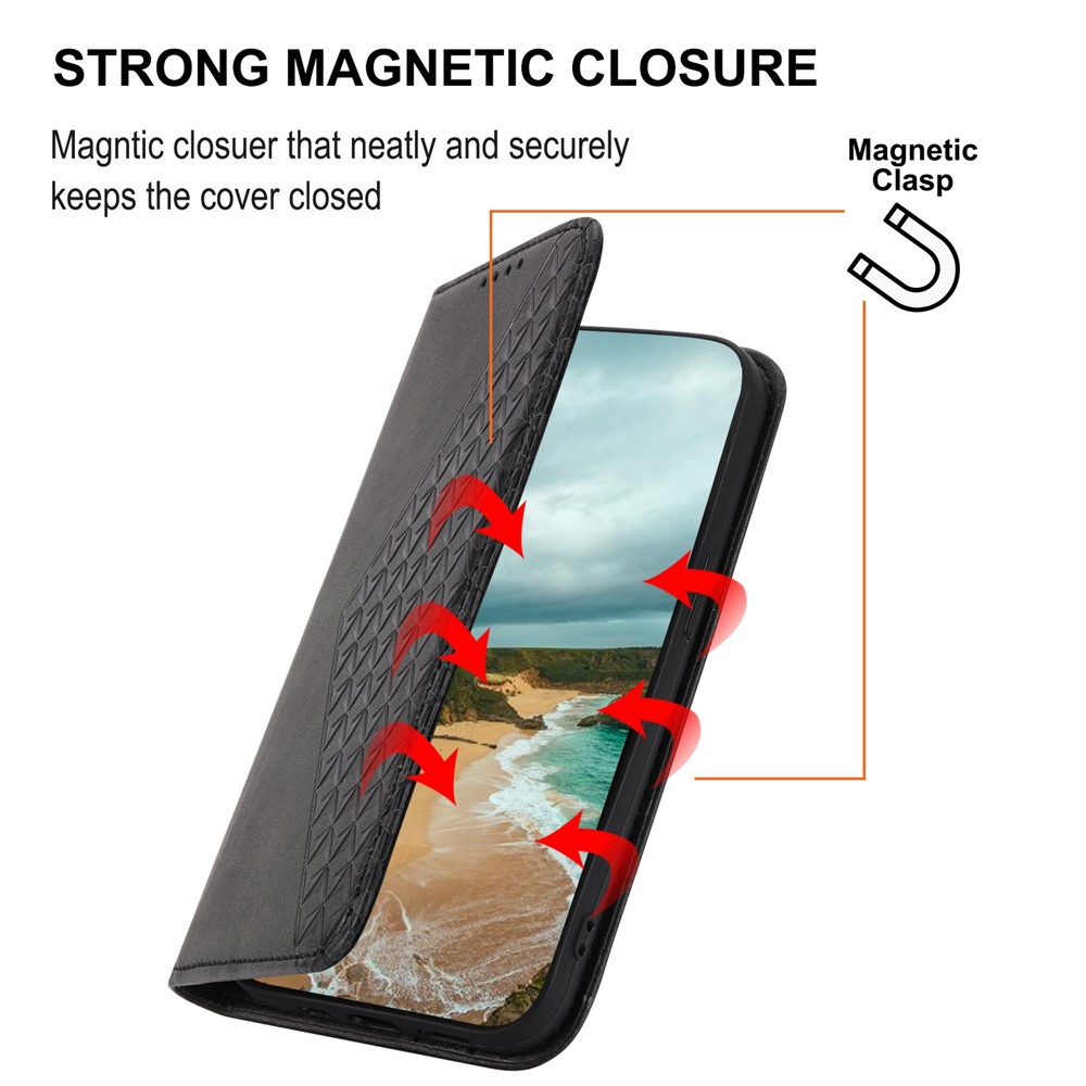 For Samsung Galaxy A32 5G / M32 5G Shockproof Calf Texture Wallet Stand Phone Case PU Leather Imprinted Rhombus Pattern Protective Phone Cover with Strap - Black-5