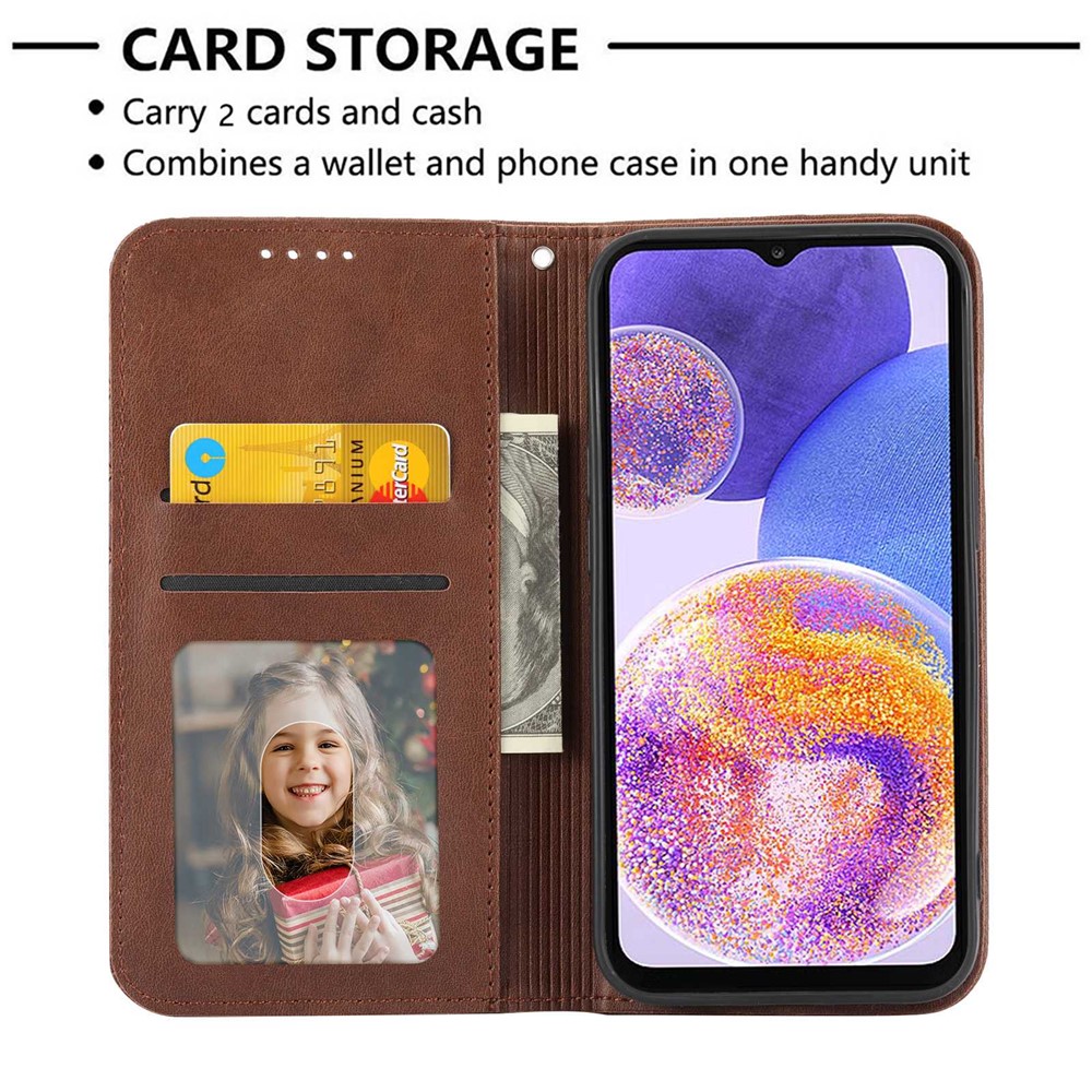 For Samsung Galaxy A32 5G / M32 5G Shockproof Calf Texture Wallet Stand Phone Case PU Leather Imprinted Rhombus Pattern Protective Phone Cover with Strap - Brown-3