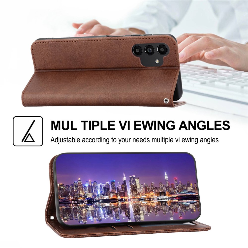 For Samsung Galaxy A32 5G / M32 5G Shockproof Calf Texture Wallet Stand Phone Case PU Leather Imprinted Rhombus Pattern Protective Phone Cover with Strap - Brown-4