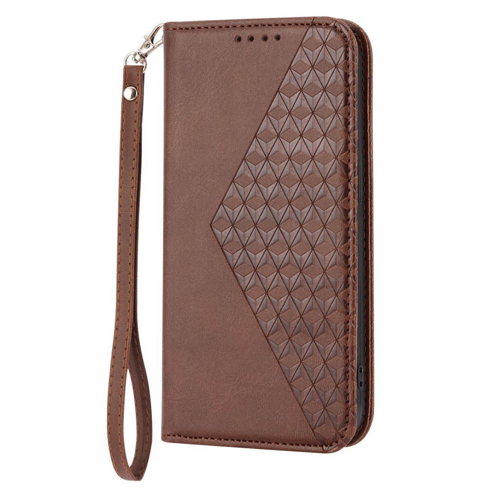 For Samsung Galaxy A32 5G / M32 5G Shockproof Calf Texture Wallet Stand Phone Case PU Leather Imprinted Rhombus Pattern Protective Phone Cover with Strap - Brown-7