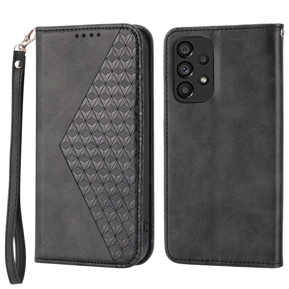For Samsung Galaxy A72 4G / 5G Full Protection Calf Texture Phone Case PU Leather Wallet Stand Imprinted Rhombus Pattern Cell Phone Cover with Strap - Black