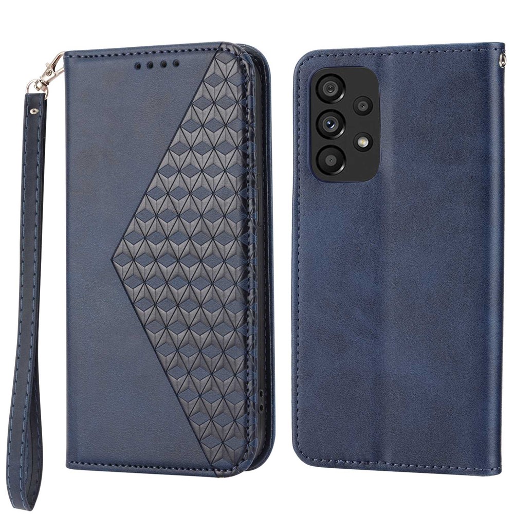 For Samsung Galaxy A72 4G / 5G Full Protection Calf Texture Phone Case PU Leather Wallet Stand Imprinted Rhombus Pattern Cell Phone Cover with Strap - Blue