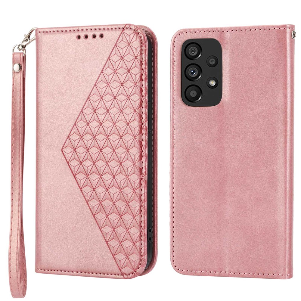For Samsung Galaxy A72 4G / 5G Full Protection Calf Texture Phone Case PU Leather Wallet Stand Imprinted Rhombus Pattern Cell Phone Cover with Strap - Rose Gold