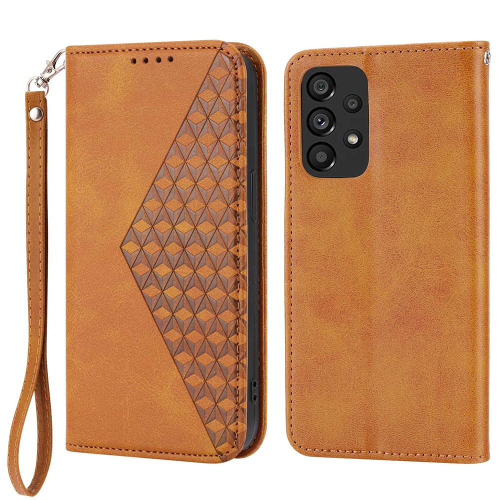 For Samsung Galaxy A72 4G / 5G Full Protection Calf Texture Phone Case PU Leather Wallet Stand Imprinted Rhombus Pattern Cell Phone Cover with Strap - Yellow