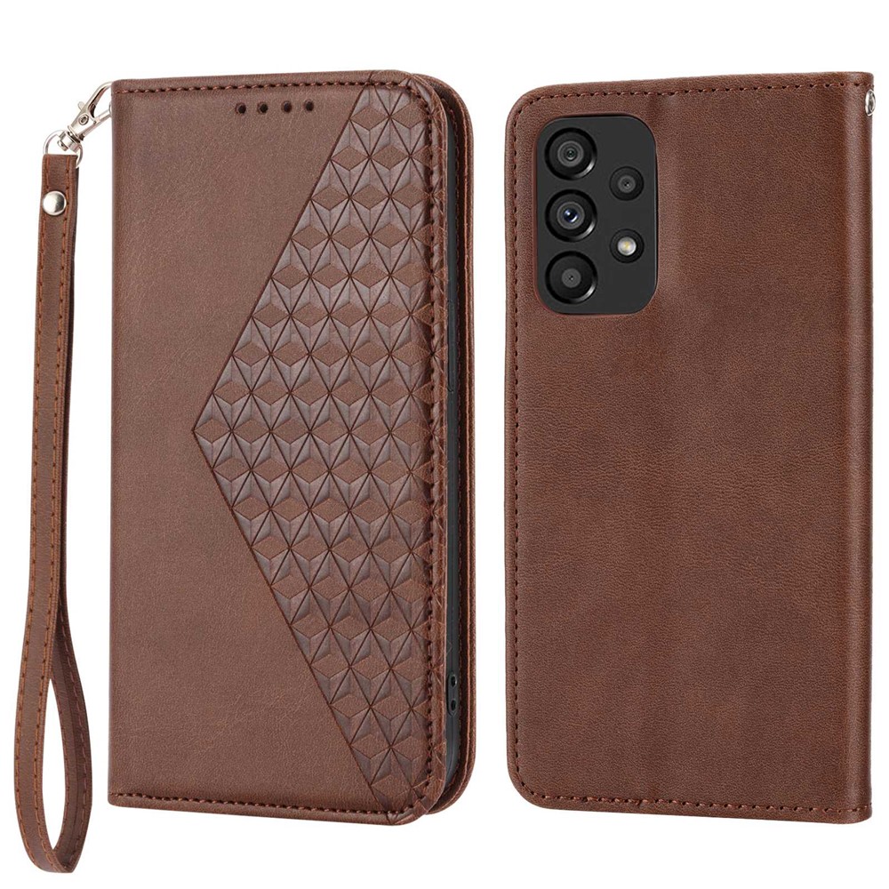 For Samsung Galaxy A72 4G / 5G Full Protection Calf Texture Phone Case PU Leather Wallet Stand Imprinted Rhombus Pattern Cell Phone Cover with Strap - Brown