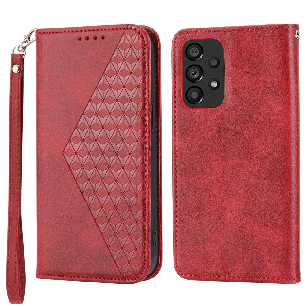 For Samsung Galaxy A72 4G / 5G Full Protection Calf Texture Phone Case PU Leather Wallet Stand Imprinted Rhombus Pattern Cell Phone Cover with Strap - Red