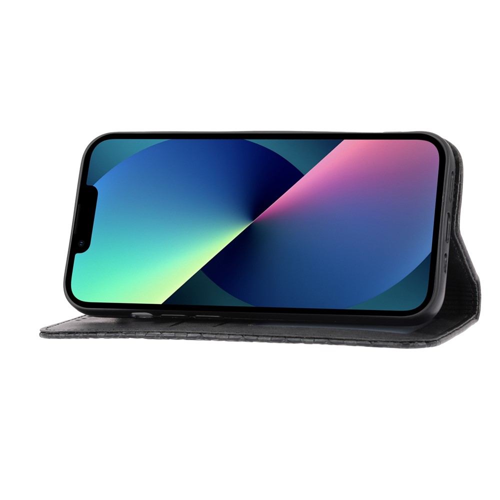 Calf Texture PU Leather Case for iPhone 13 6.1 inch, Magnetic Wallet Imprinted Rhombus Pattern Phone Stand Cover with Strap - Black-2