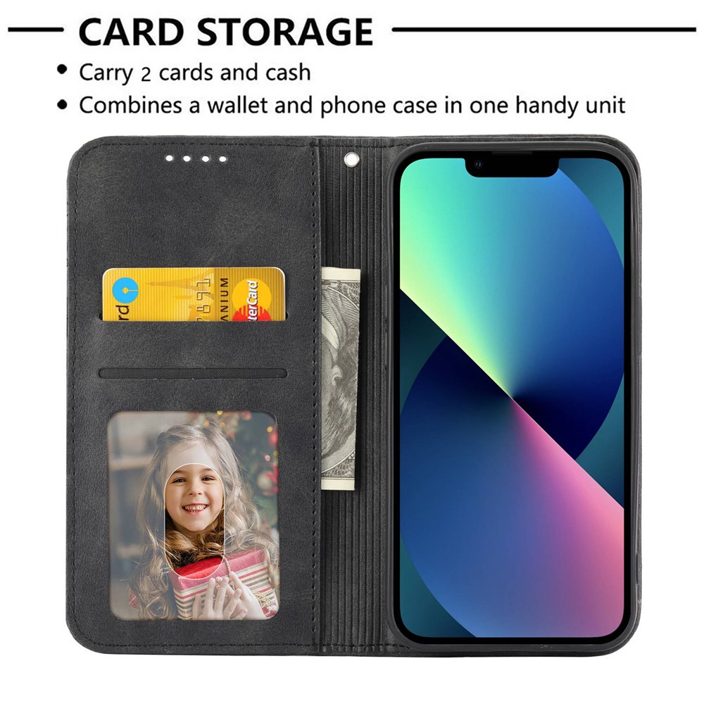 Calf Texture PU Leather Case for iPhone 13 6.1 inch, Magnetic Wallet Imprinted Rhombus Pattern Phone Stand Cover with Strap - Black-3