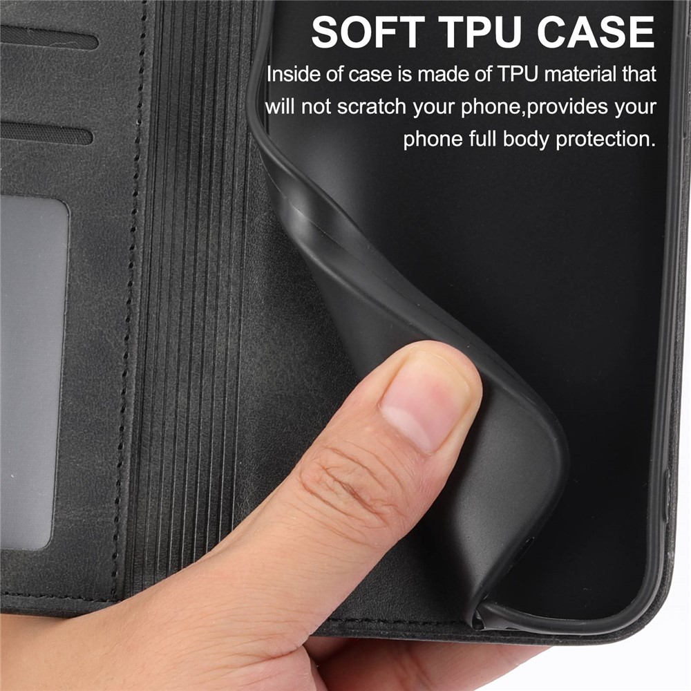 Calf Texture PU Leather Case for iPhone 13 6.1 inch, Magnetic Wallet Imprinted Rhombus Pattern Phone Stand Cover with Strap - Black-6