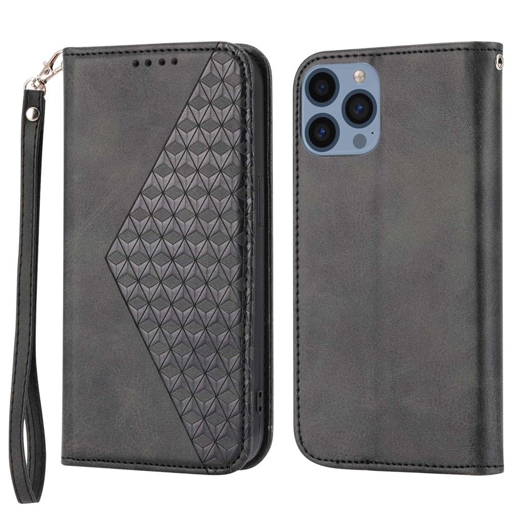 For iPhone 13 Pro Max 6.7 inch Magnetic Anti-fingerprint Calf Texture PU Leather Case Wallet Imprinted Rhombus Pattern Phone Stand Cover with Strap - Black-1